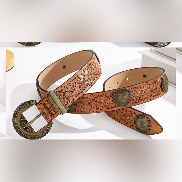 True by True Love Accessories - Western Boho Tooled Faux Leather Belt Floral Embossed with Heart Conchos